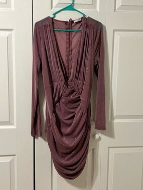 Fashion Nova Mauve Long Sleeve Ruched V-Neck Dress